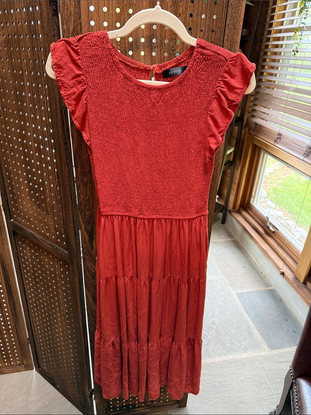 Smocked Tiered Maxi Dress in Brick Red with Flutter Sleeves